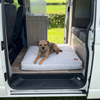 Border terrier resting on the waterproof pet sofa bed in a camper van with the door open to a field