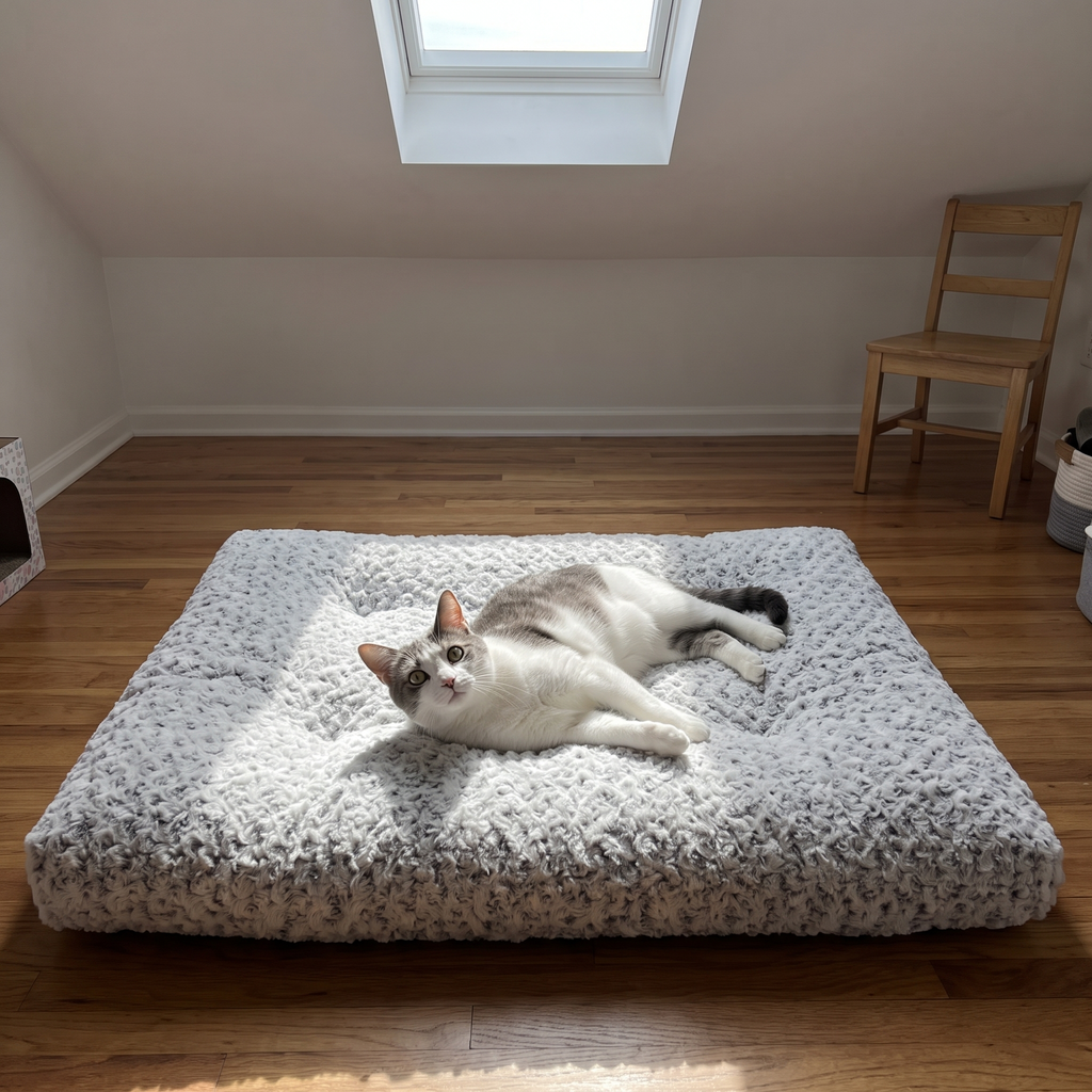 Cat stretched out on the velvet plush pet bed under a loft skylight