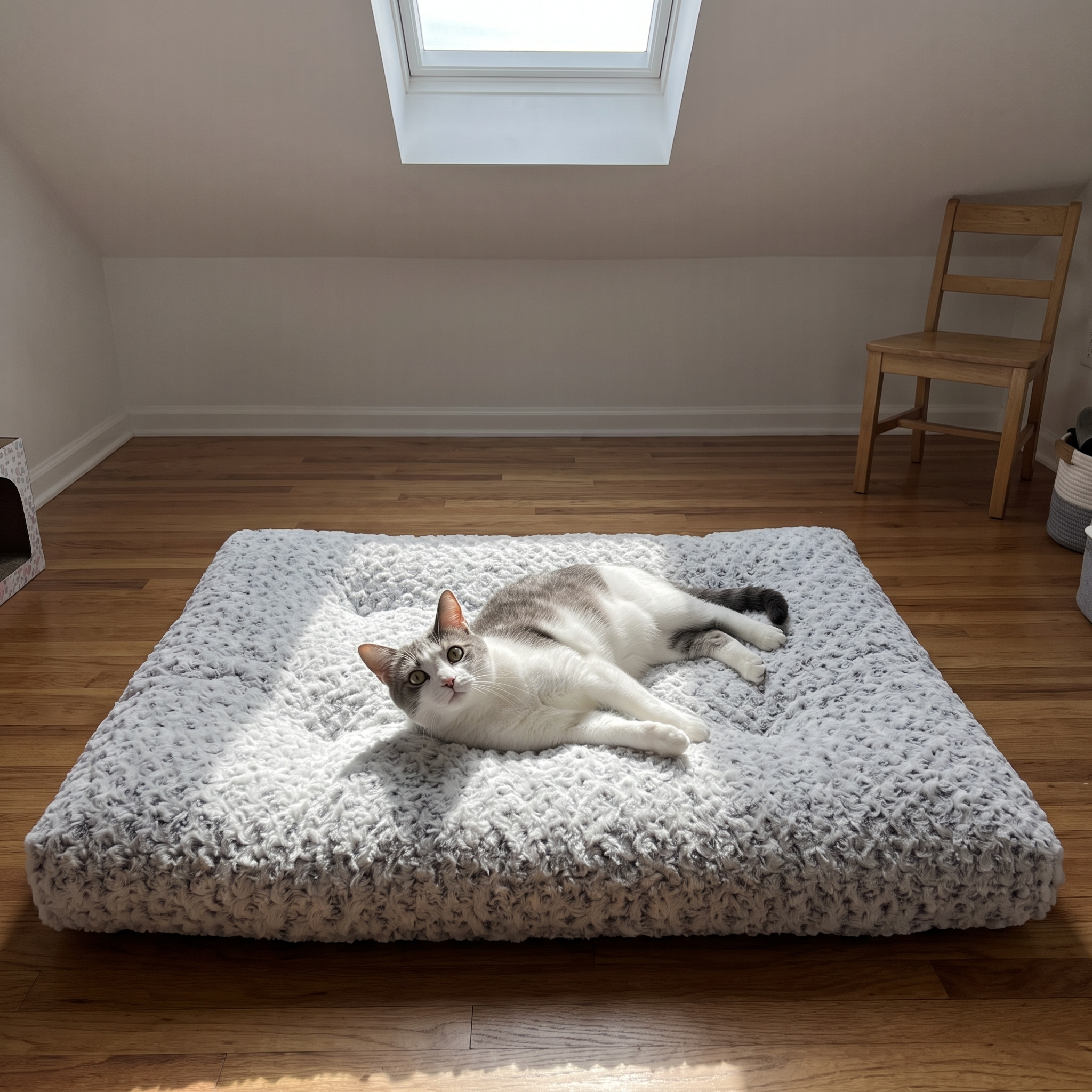 Cat stretched out on the velvet plush pet bed under a loft skylight