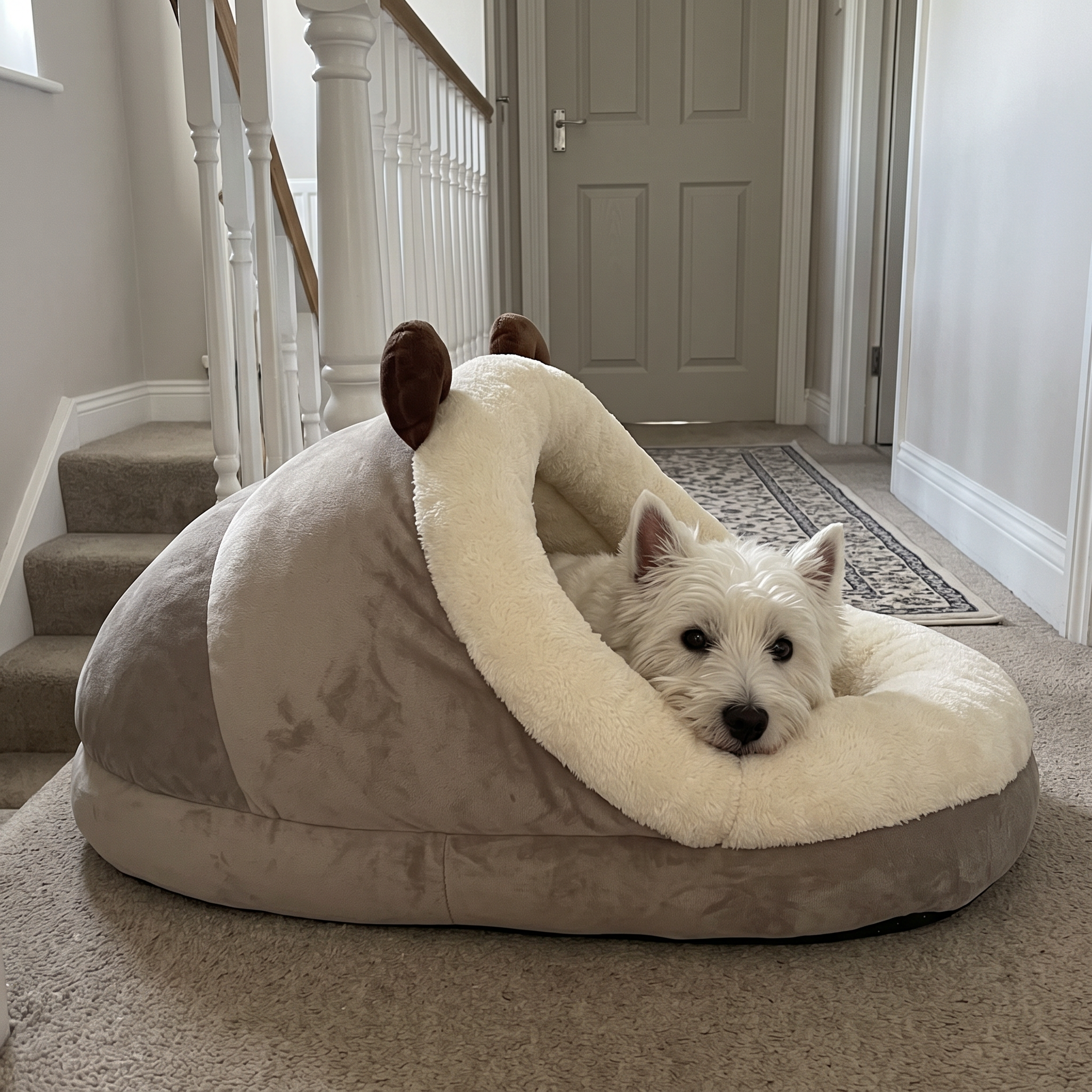 Side view of the slipper cuddler pet bed on an upstairs landing with a west highland terrier resting inside