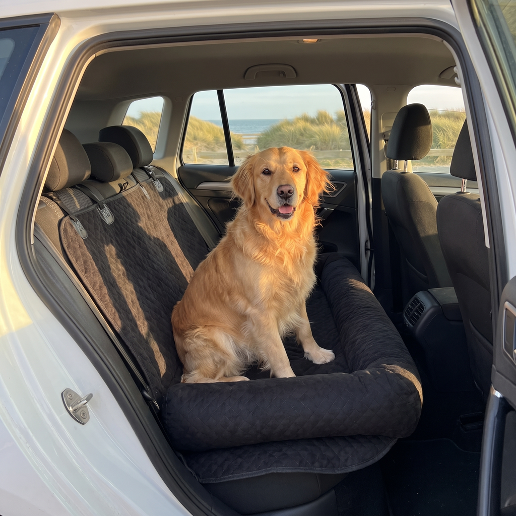 Golden retriever sitting on the pet car travel bed across a back seat at a seaside car park in golden afternoon light
