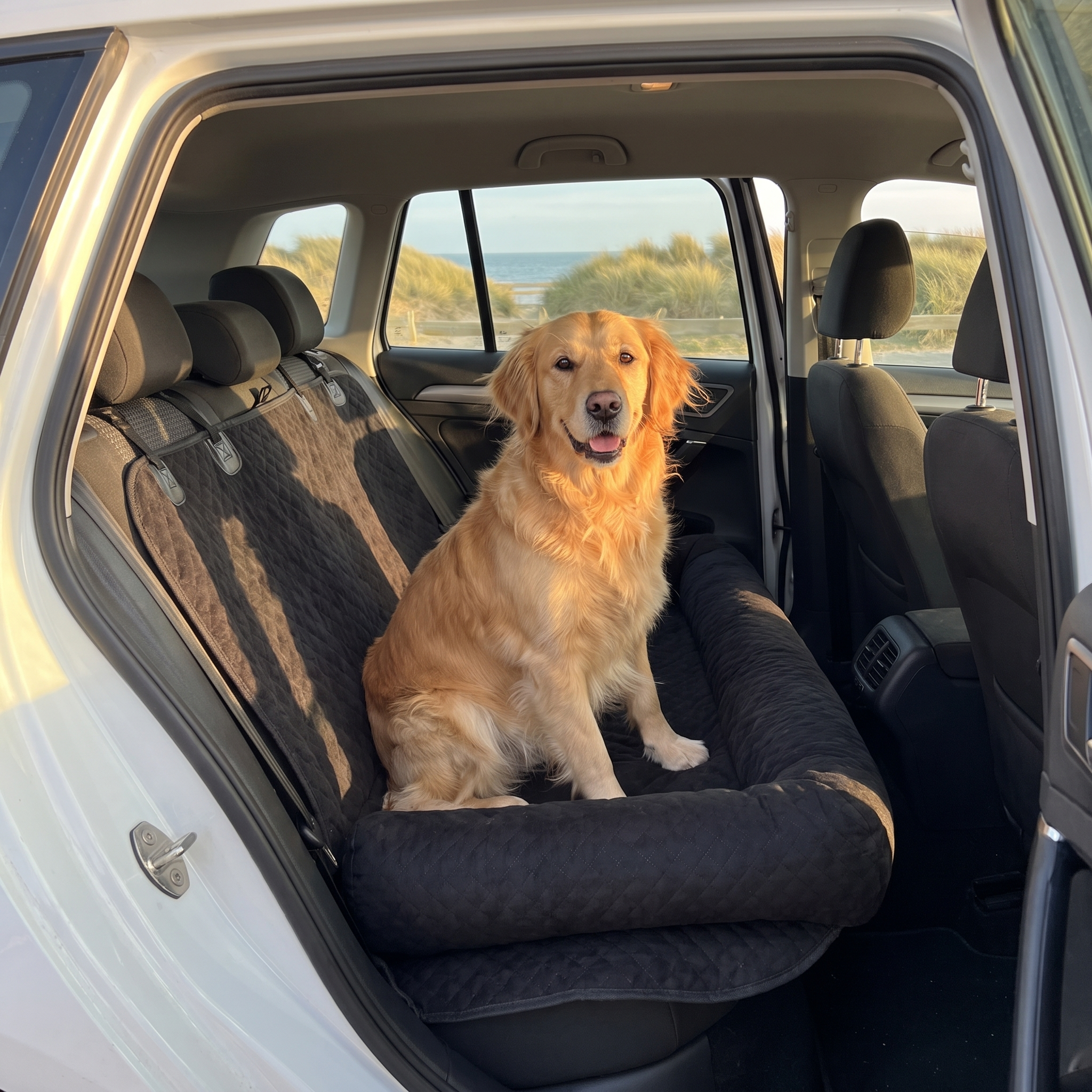 Golden retriever sitting on the pet car travel bed across a back seat at a seaside car park in golden afternoon light