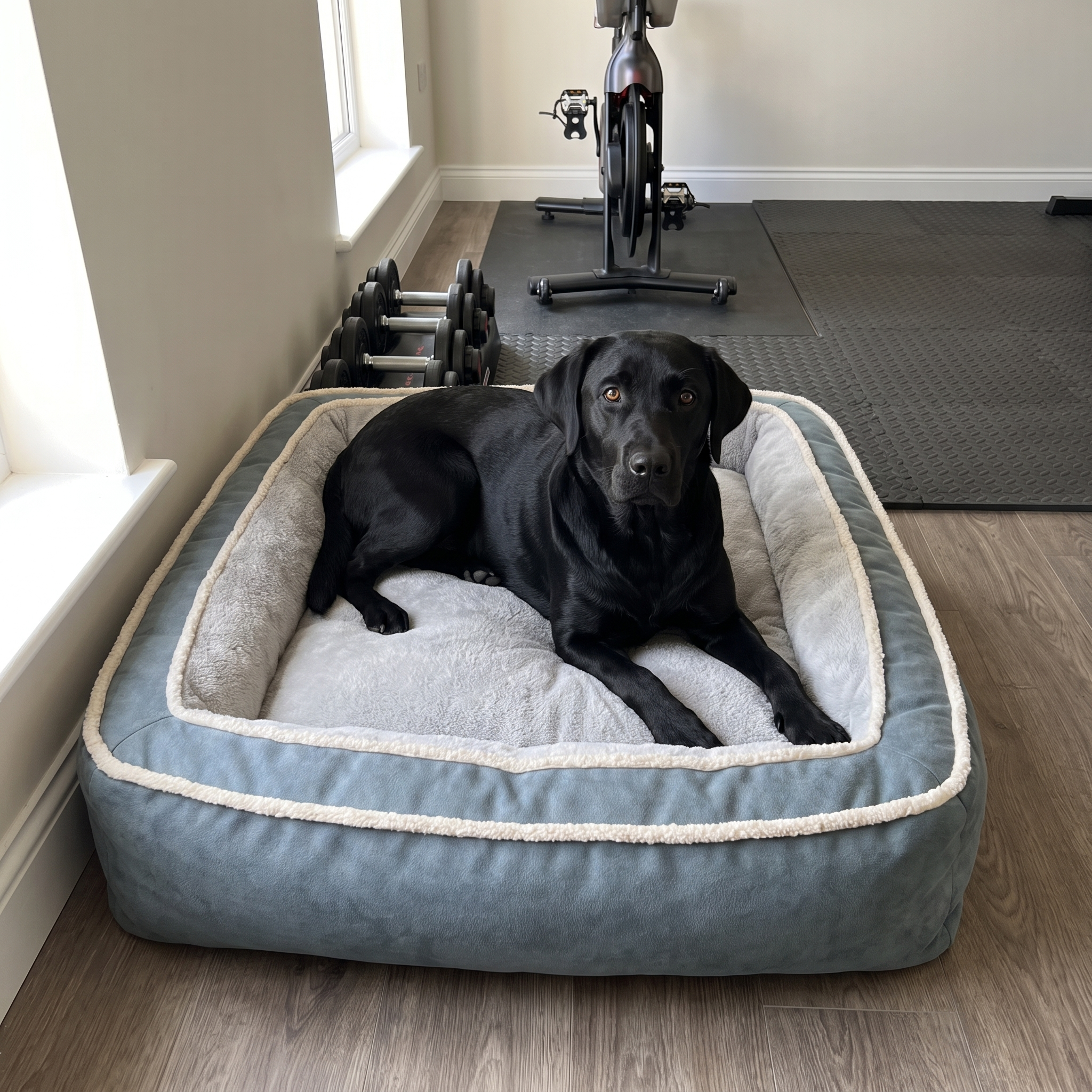 Black labrador resting on the blue grey plush mattress pet bed in a home gym corner
