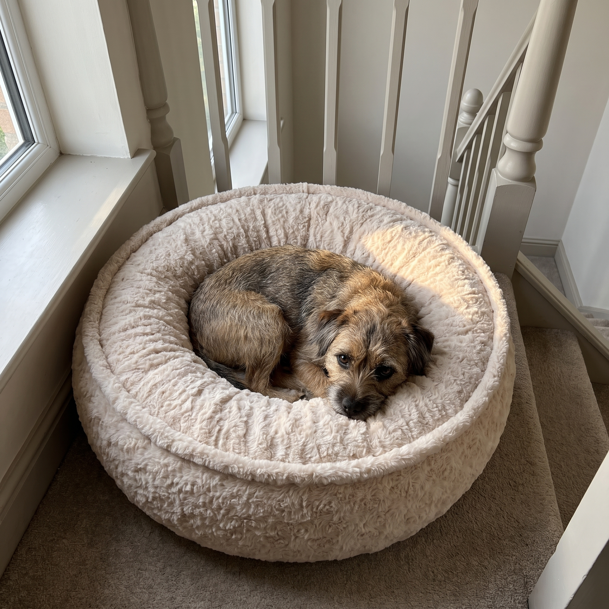 Terrier curled in the cream round donut cuddler bed on a stair half landing