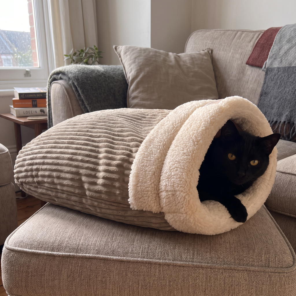 Black cat burrowed in the cat sleeping bag bed on an armchair in a reading corner