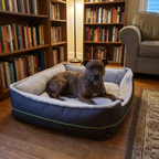 Staffordshire bull terrier lying in the grey pet nest bed in a home library corner
