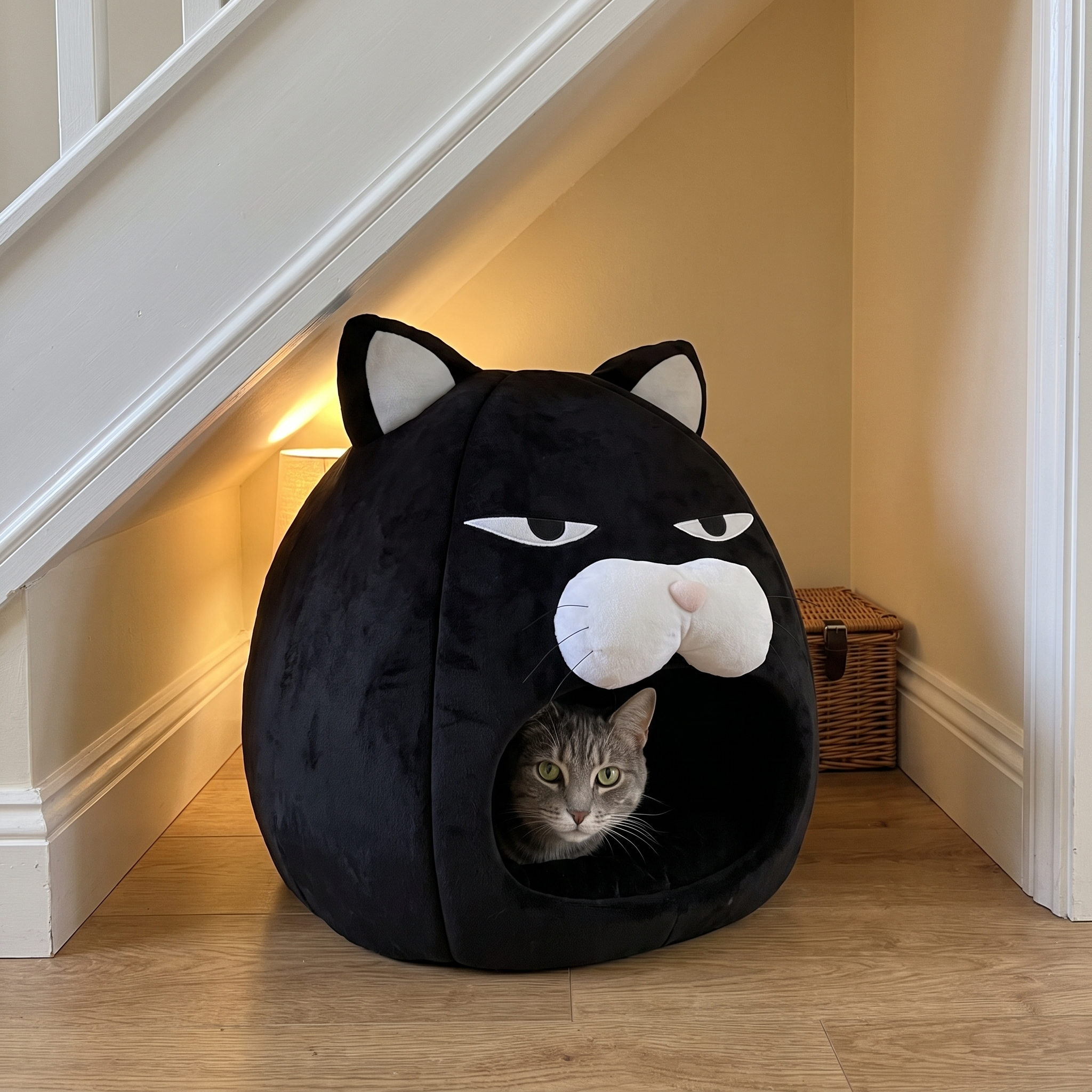 Grey cat peeking out of the black cat face covered pet bed in an under stairs nook