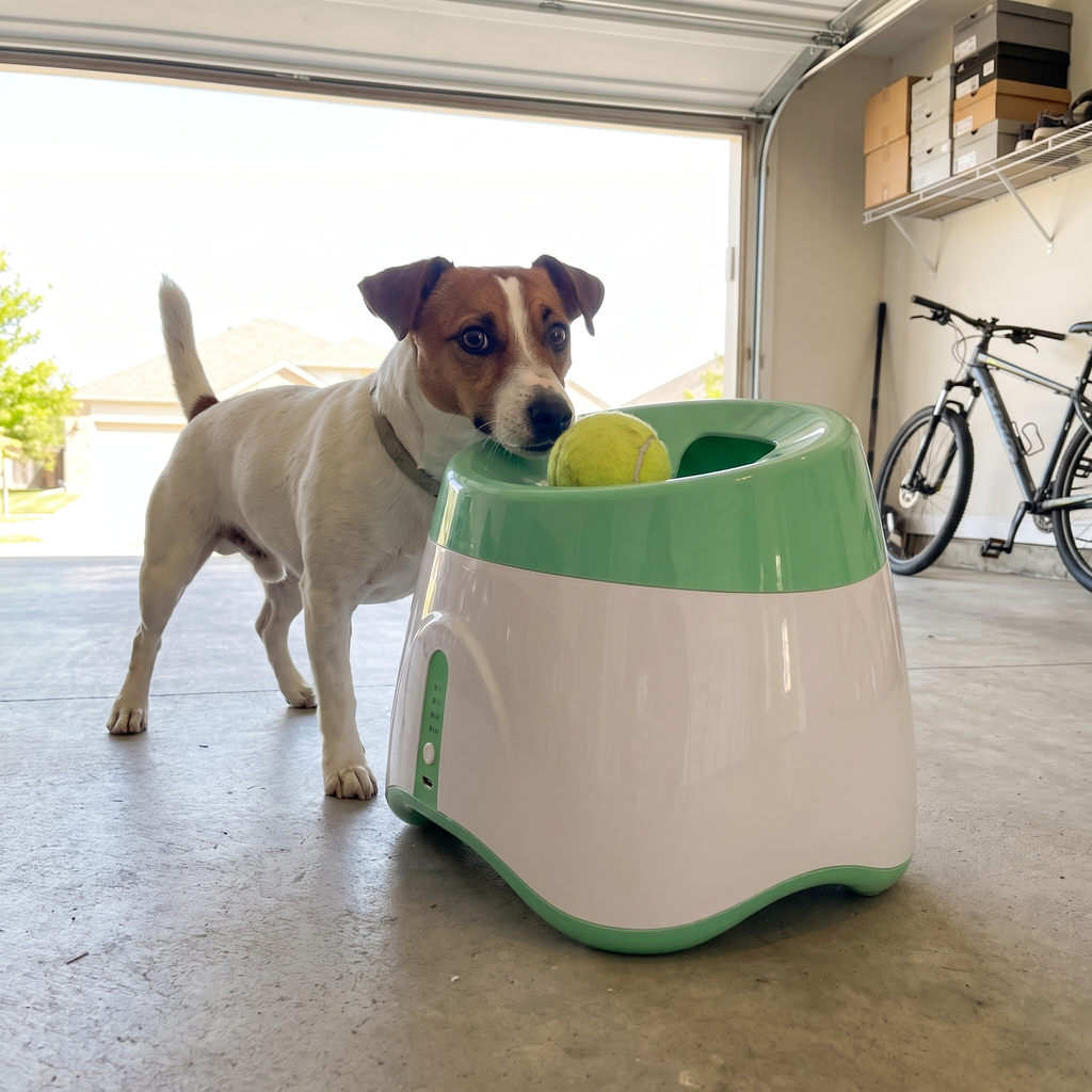 Jack russell terrier waiting beside the automatic dog ball launcher in an open garage