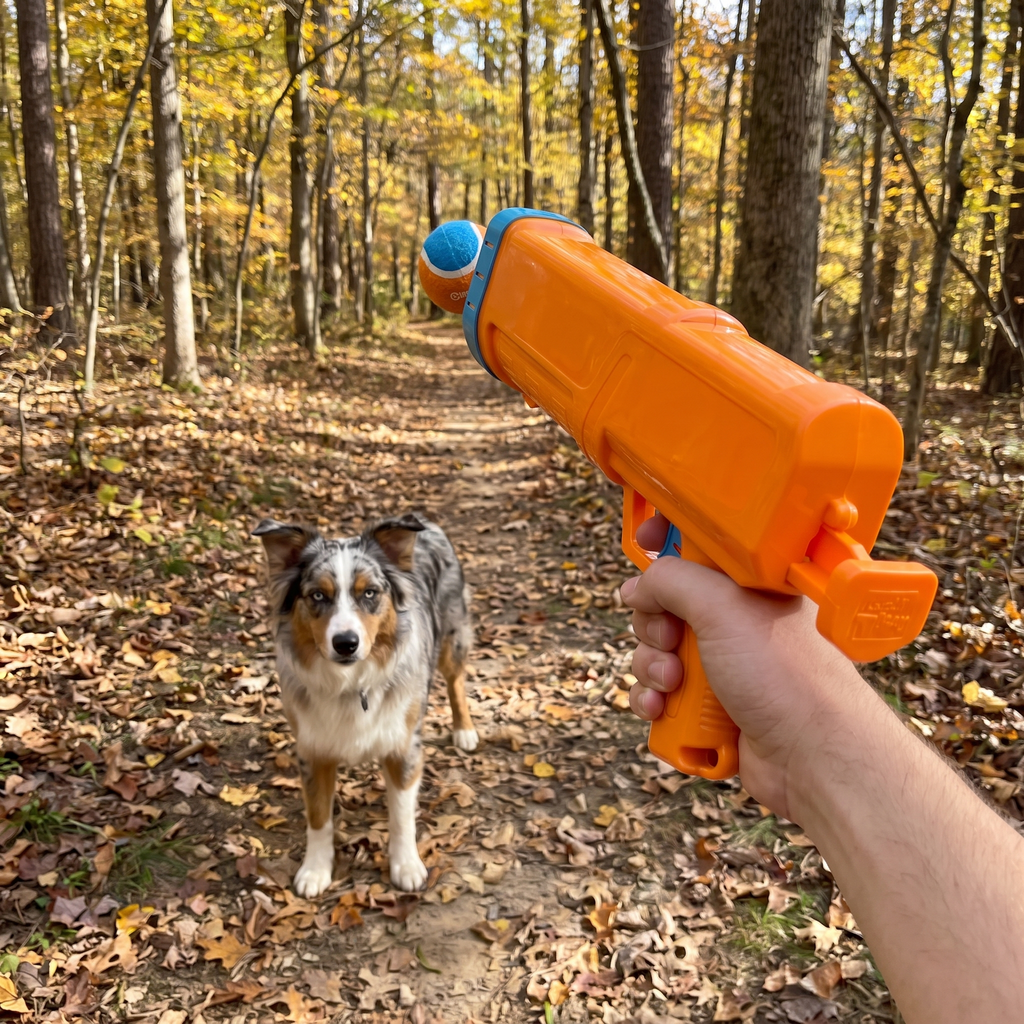 Owner holding the handheld tennis ball launcher on a woodland trail with an australian shepherd waiting