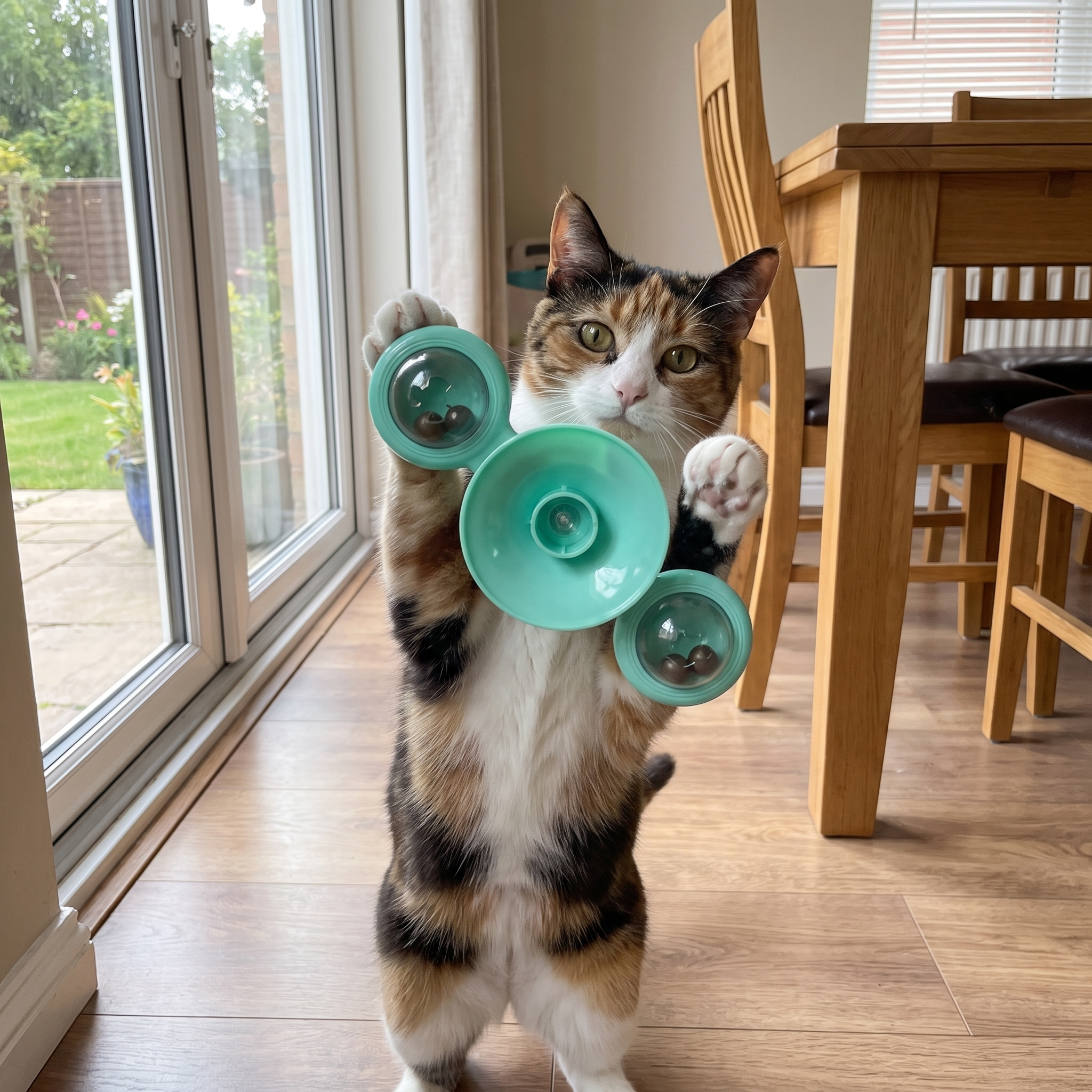 Calico cat reaching up to bat the windmill teaser toy suctioned to a patio door
