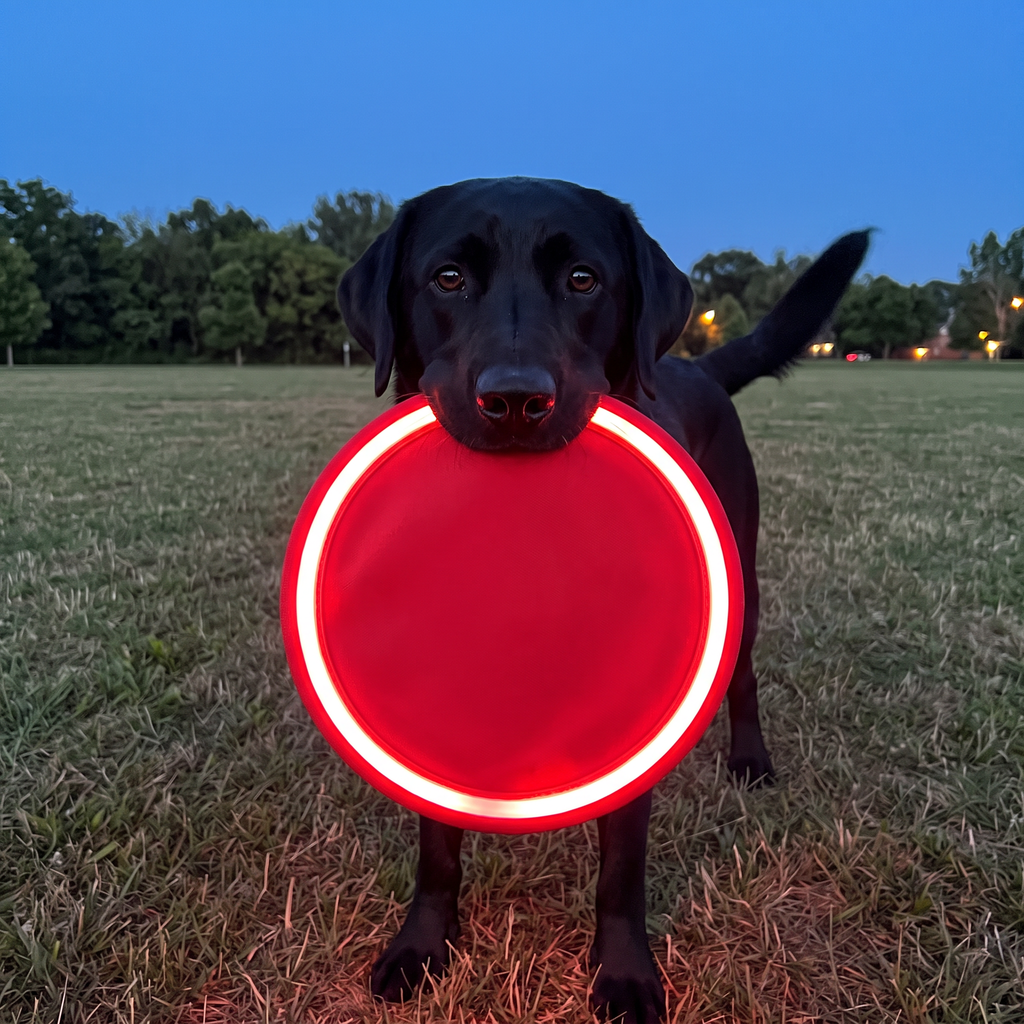 Black labrador holding the glowing LED flying disc in a park at dusk