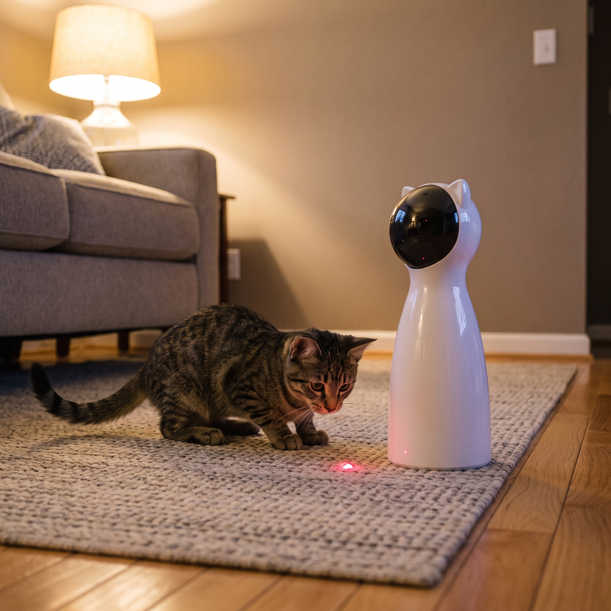 Tabby cat chasing the laser dot beside the automatic laser cat toy in a living room