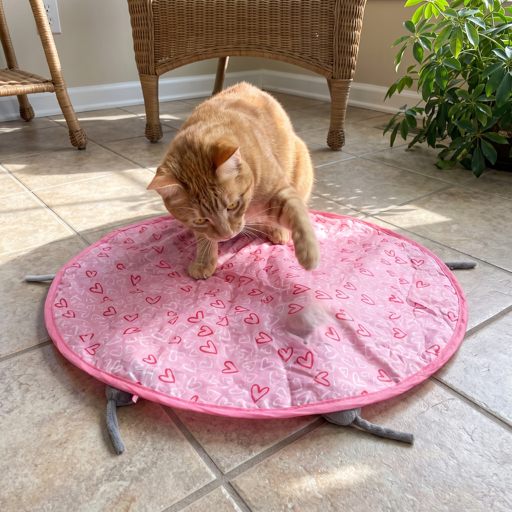 Ginger cat pouncing on the hide and seek whack a mole play mat in a sunroom