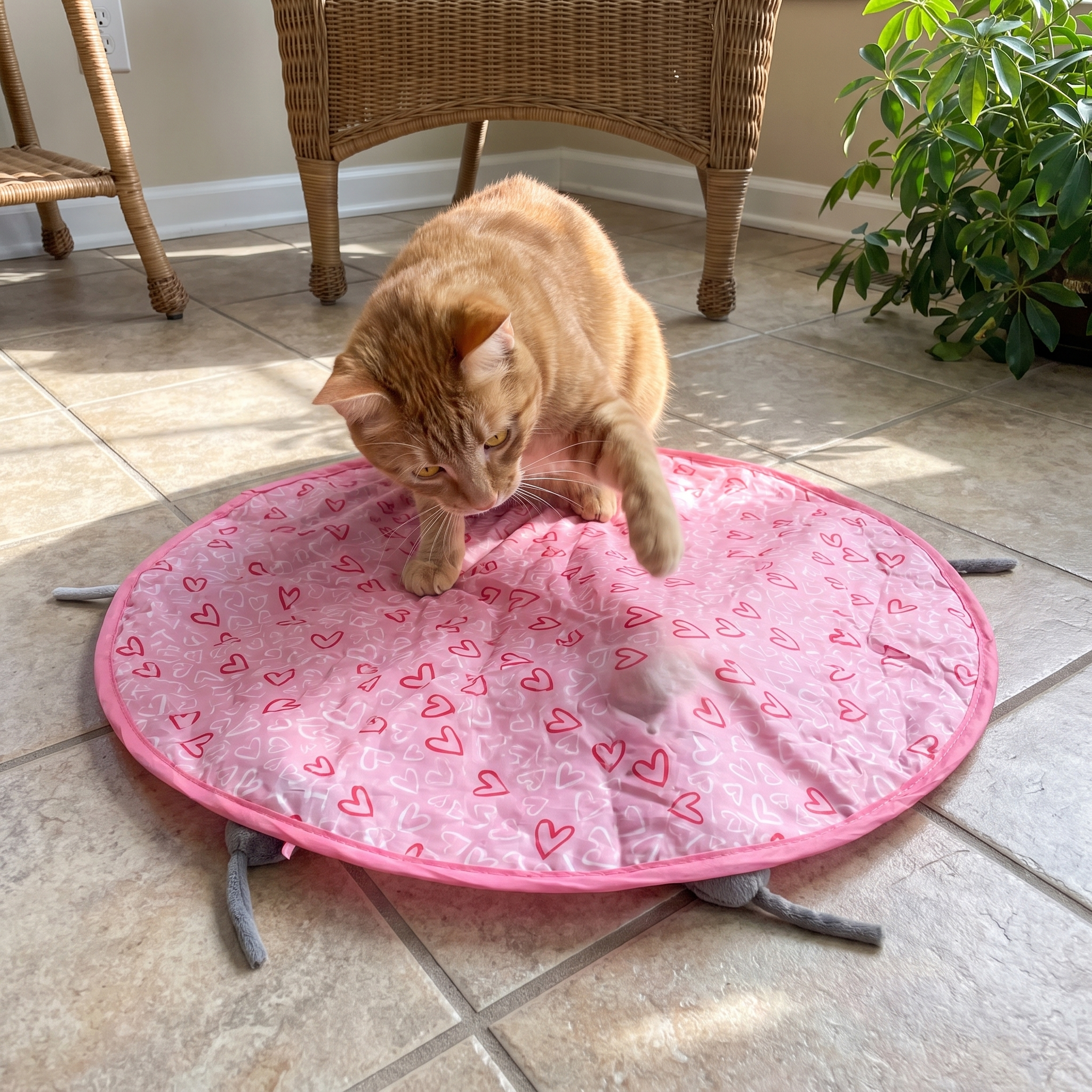 Ginger cat pouncing on the hide and seek whack a mole play mat in a sunroom
