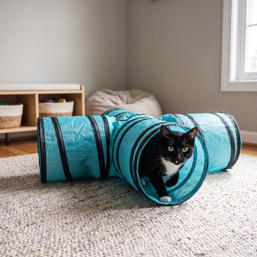 Tuxedo cat emerging from the turquoise collapsible three way cat tunnel in a playroom