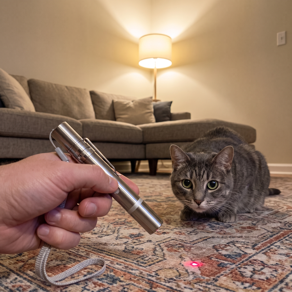 Owner using the handheld laser cat pointer while a tabby cat watches the dot on a snug rug