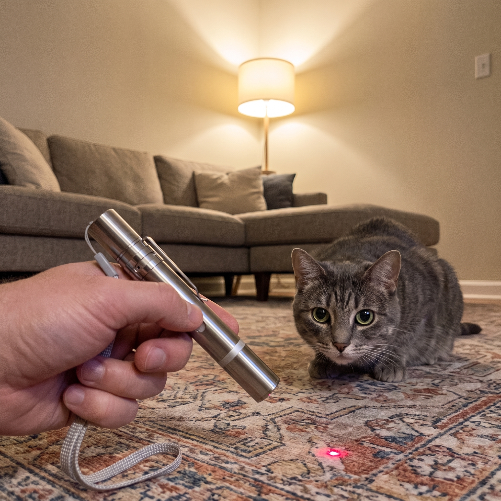Owner using the handheld laser cat pointer while a tabby cat watches the dot on a snug rug