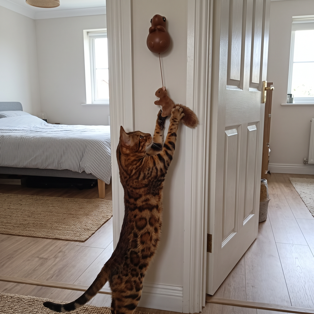 Bengal cat stretching up a doorway to reach the squirrel lure of the self moving cat teaser toy