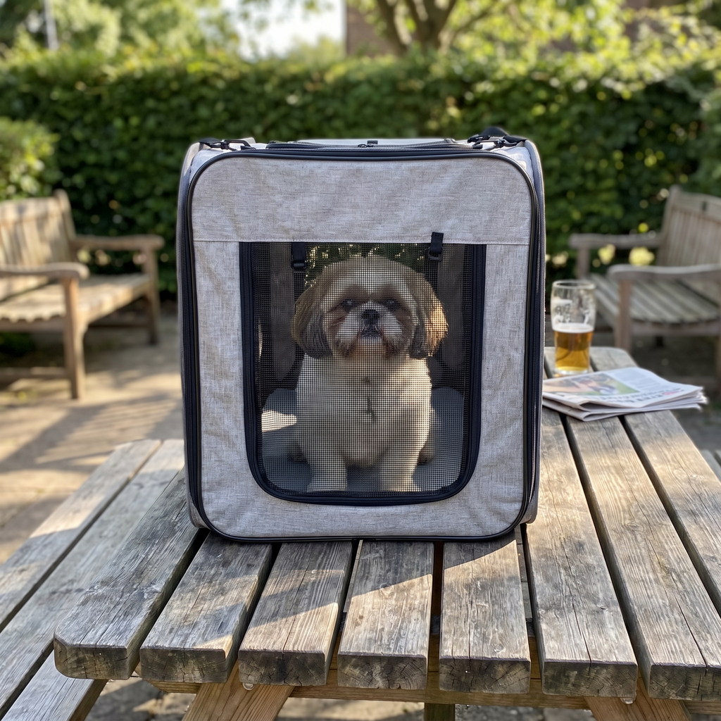 Shih tzu sitting in the foldable soft sided pet carrier on a pub garden table