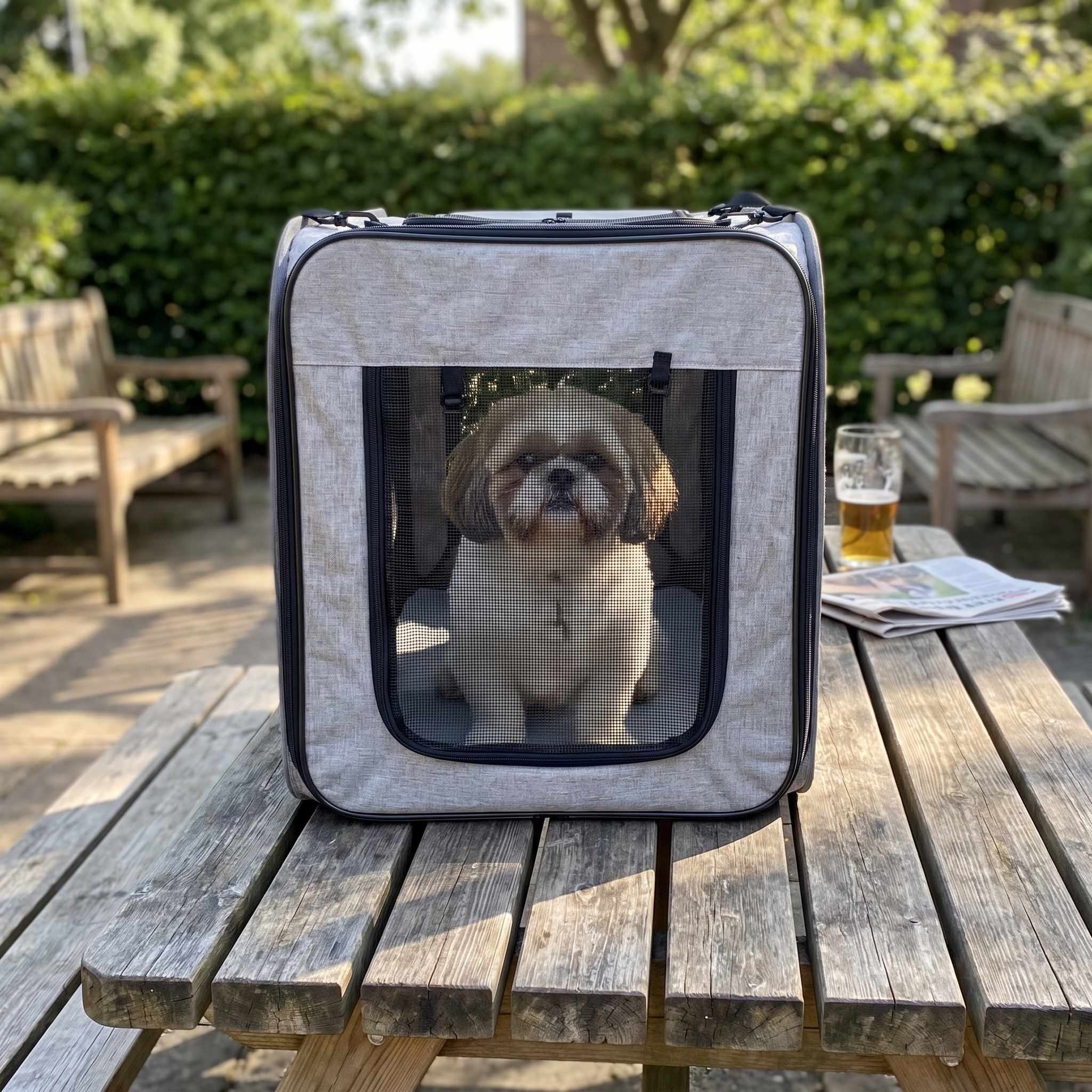Shih tzu sitting in the foldable soft sided pet carrier on a pub garden table