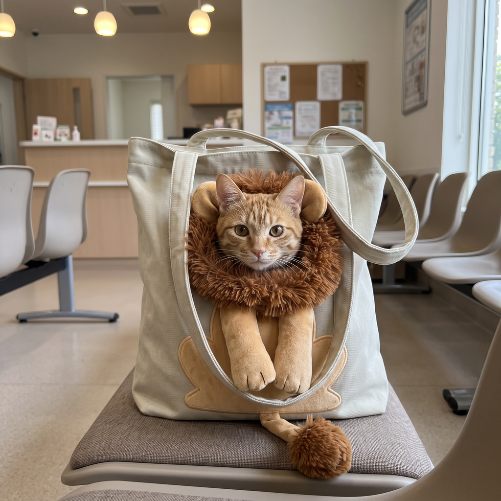 Ginger cat sitting in the lion design canvas carrier tote in a vet waiting room