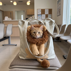 Ginger cat sitting in the lion design canvas carrier tote in a vet waiting room