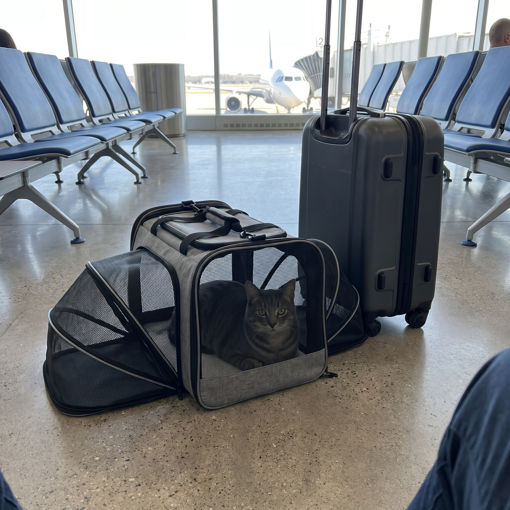 Cat inside the airline approved soft sided carrier beside a suitcase at an airport gate