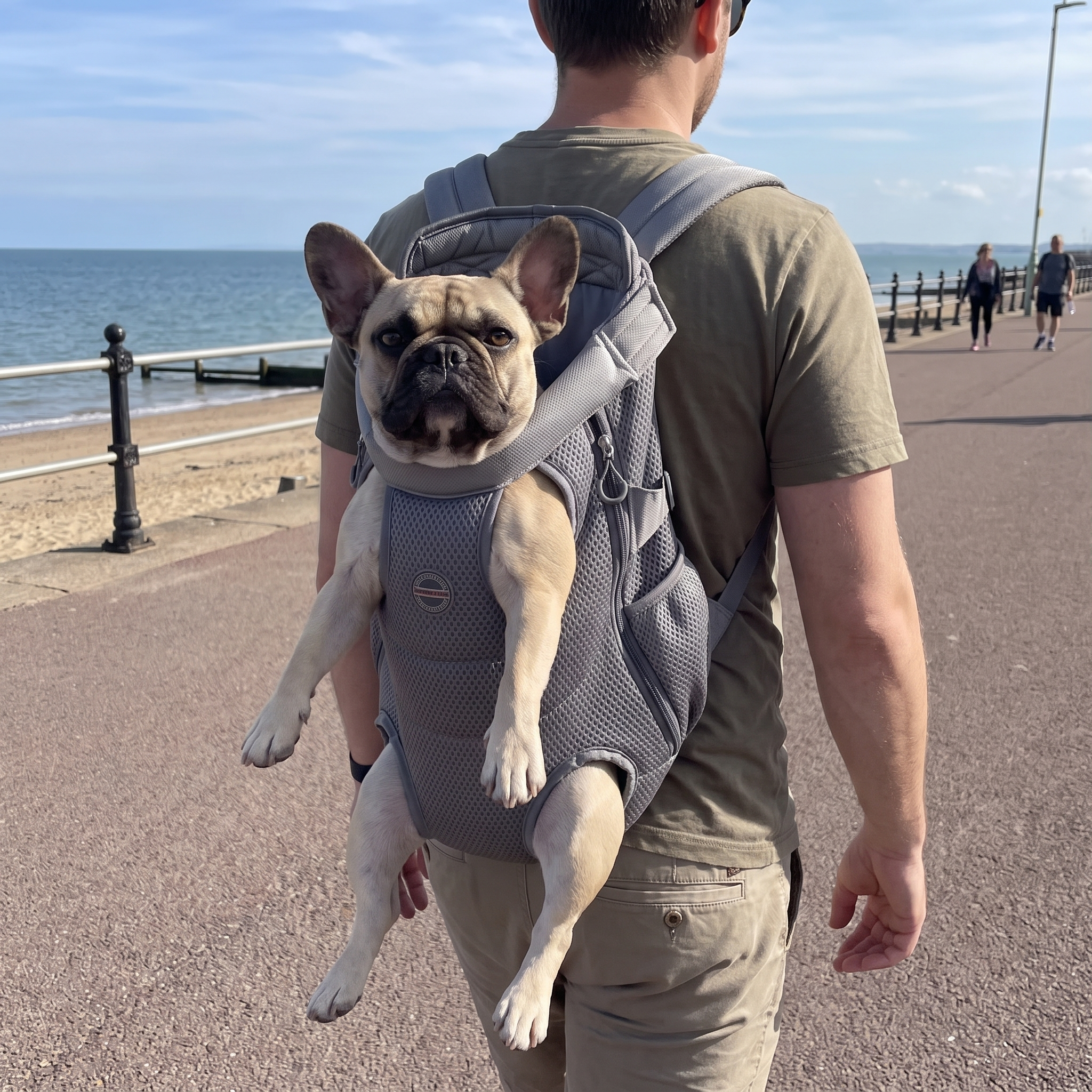 French bulldog riding in the legs out pet carrier backpack on a seafront promenade