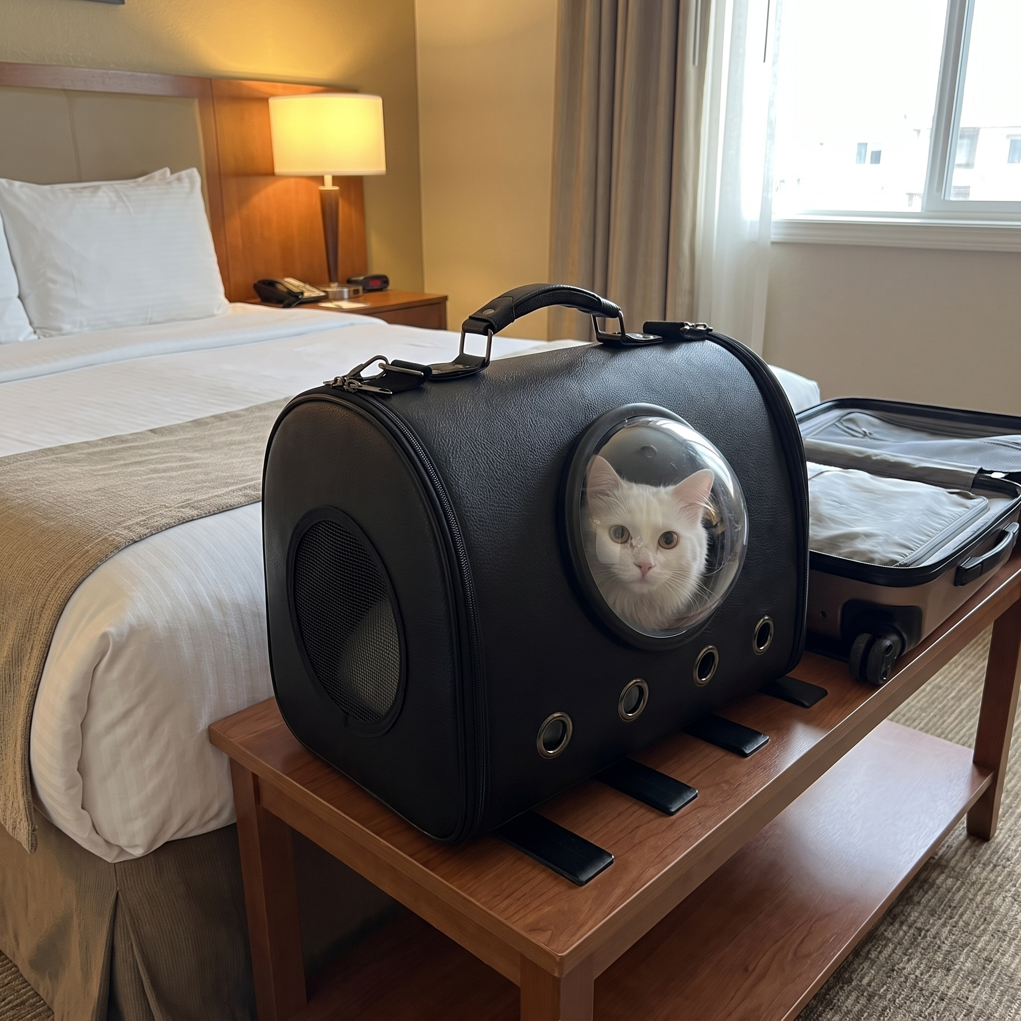 White cat in the bubble window of the black leather carrier tote in a hotel room