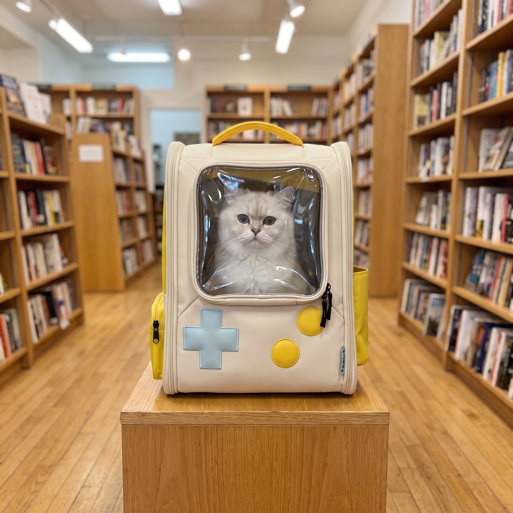 White cat looking out of the retro console cat backpack in a bookshop aisle