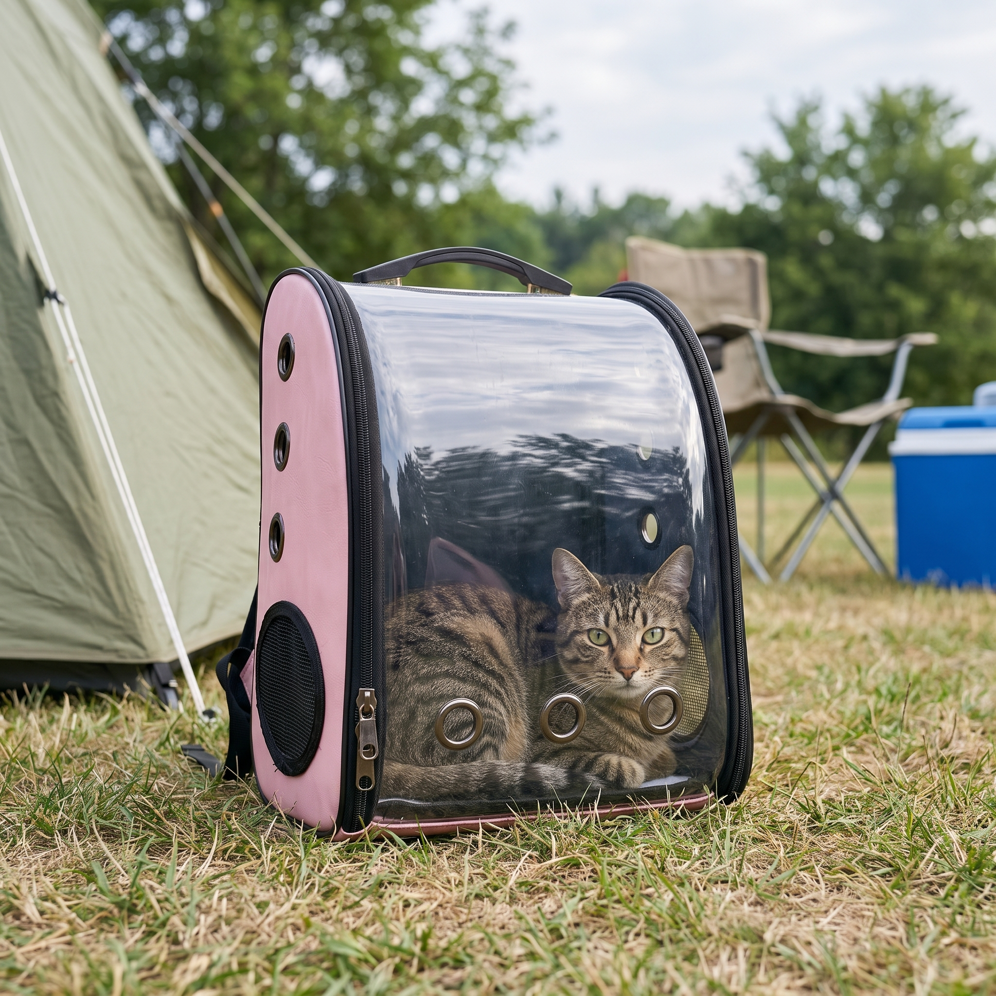 Two cats inside the foldable bubble pet backpack on the grass beside a tent