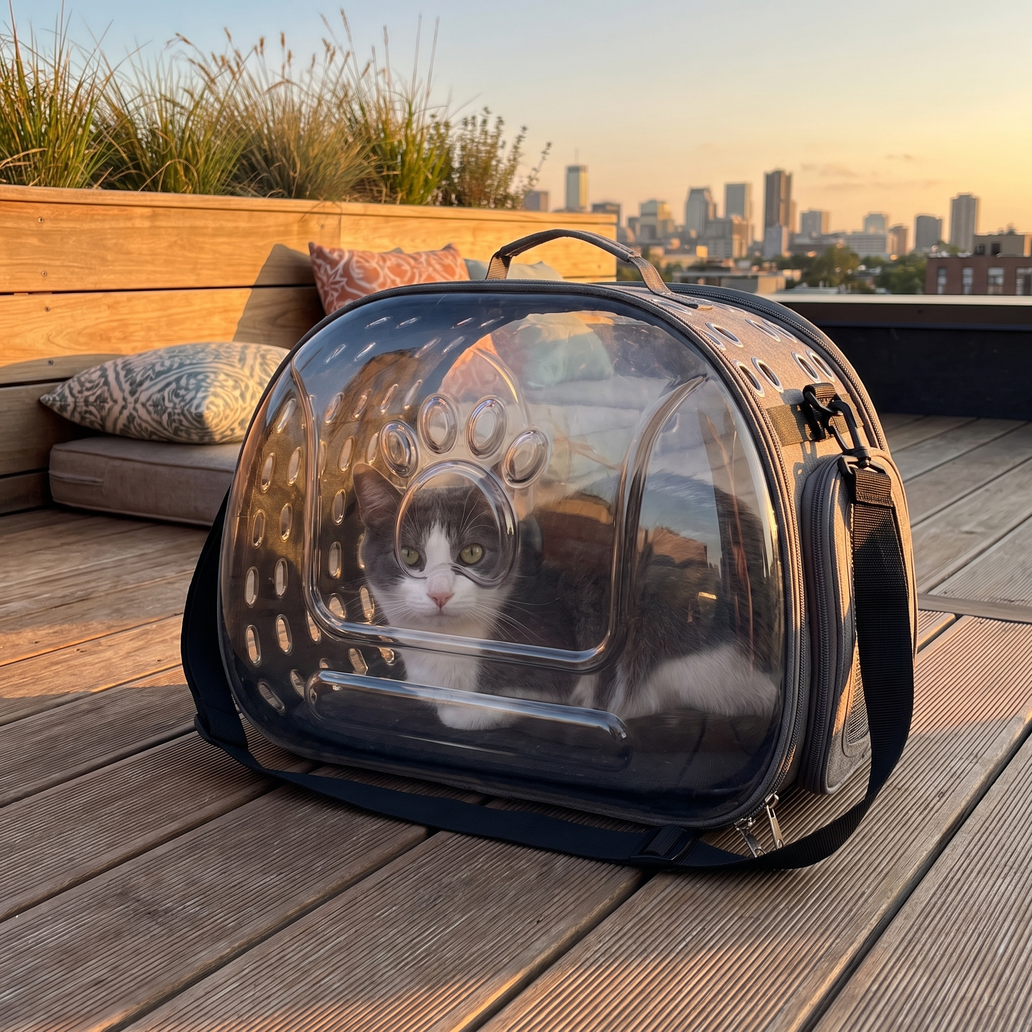 Cat resting inside the clear bubble pet carrier on a rooftop terrace at golden hour