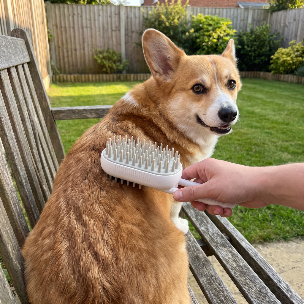 Corgi being brushed with the steam grooming brush on a garden bench