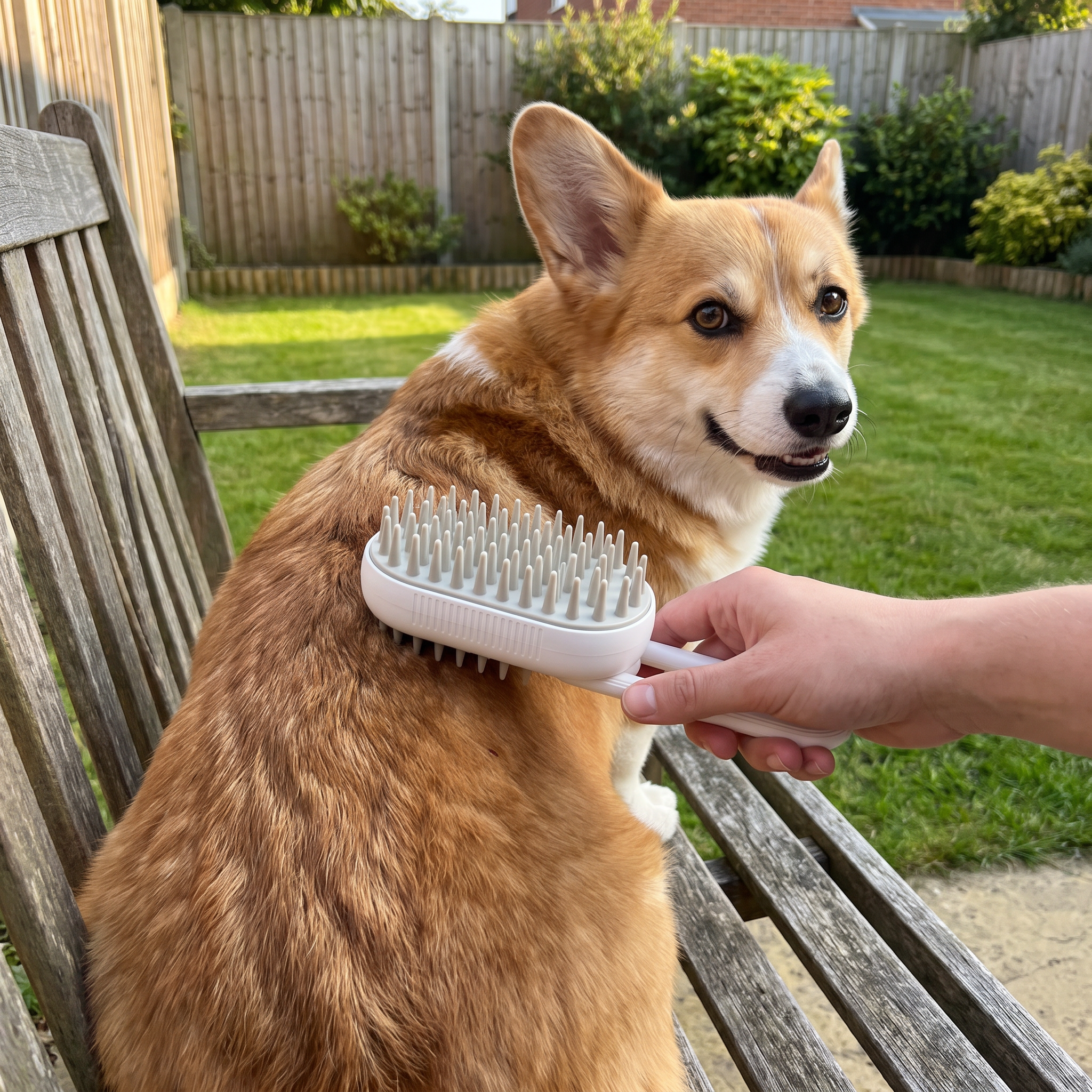 Corgi being brushed with the steam grooming brush on a garden bench