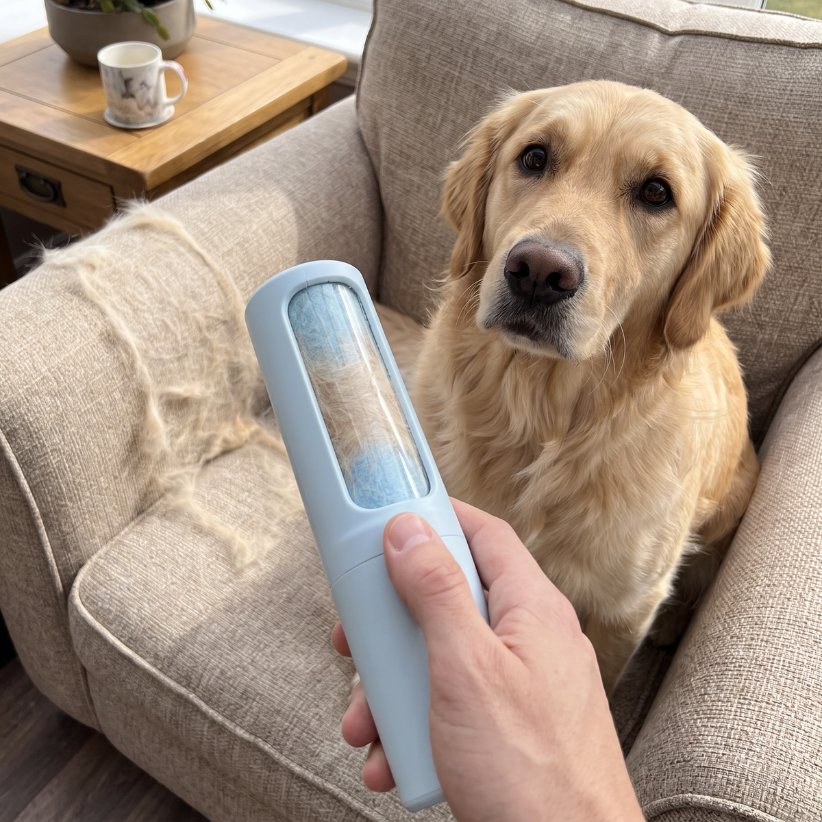 Reusable pet hair remover lifting fur from an armchair cushion with a golden retriever alongside