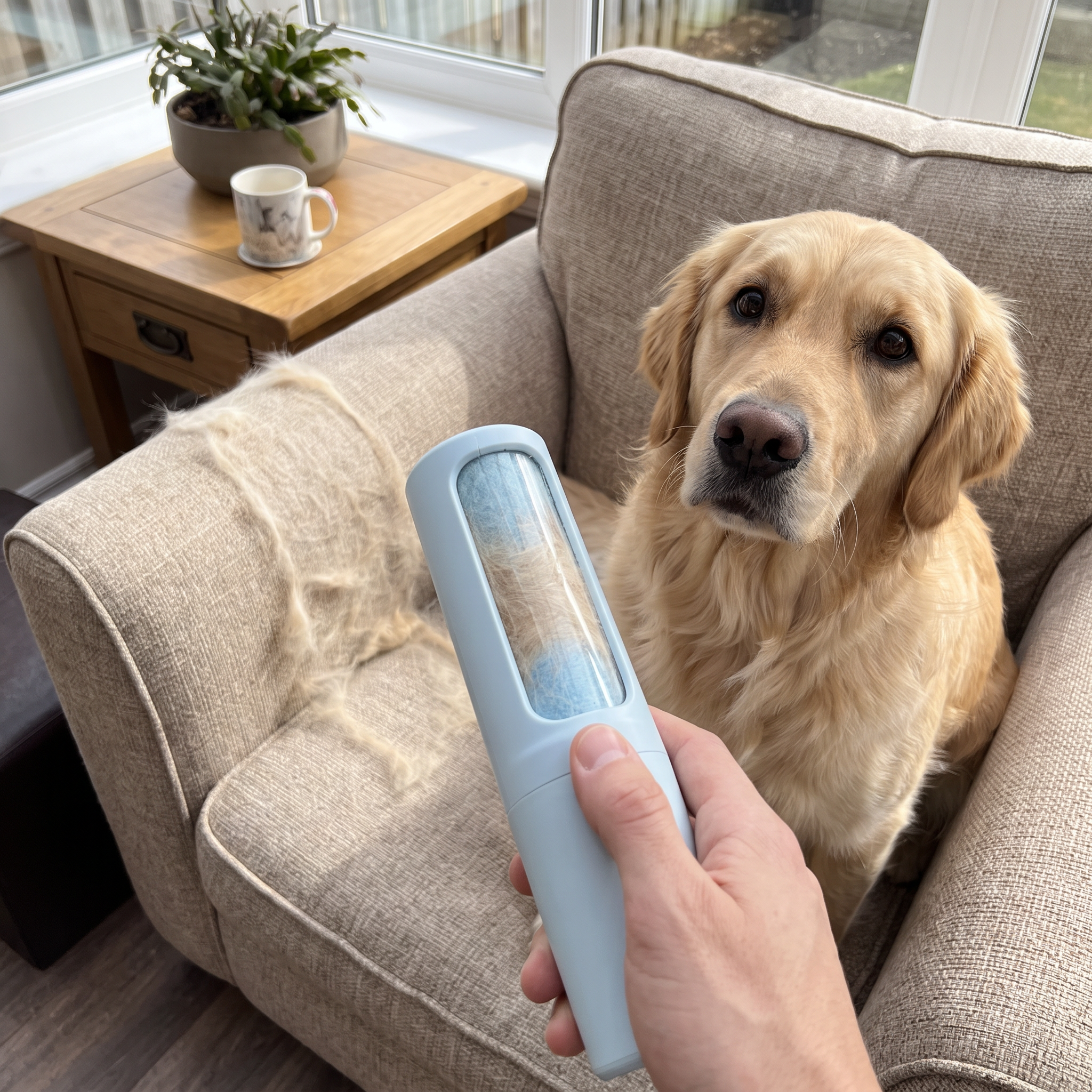 Reusable pet hair remover lifting fur from an armchair cushion with a golden retriever alongside