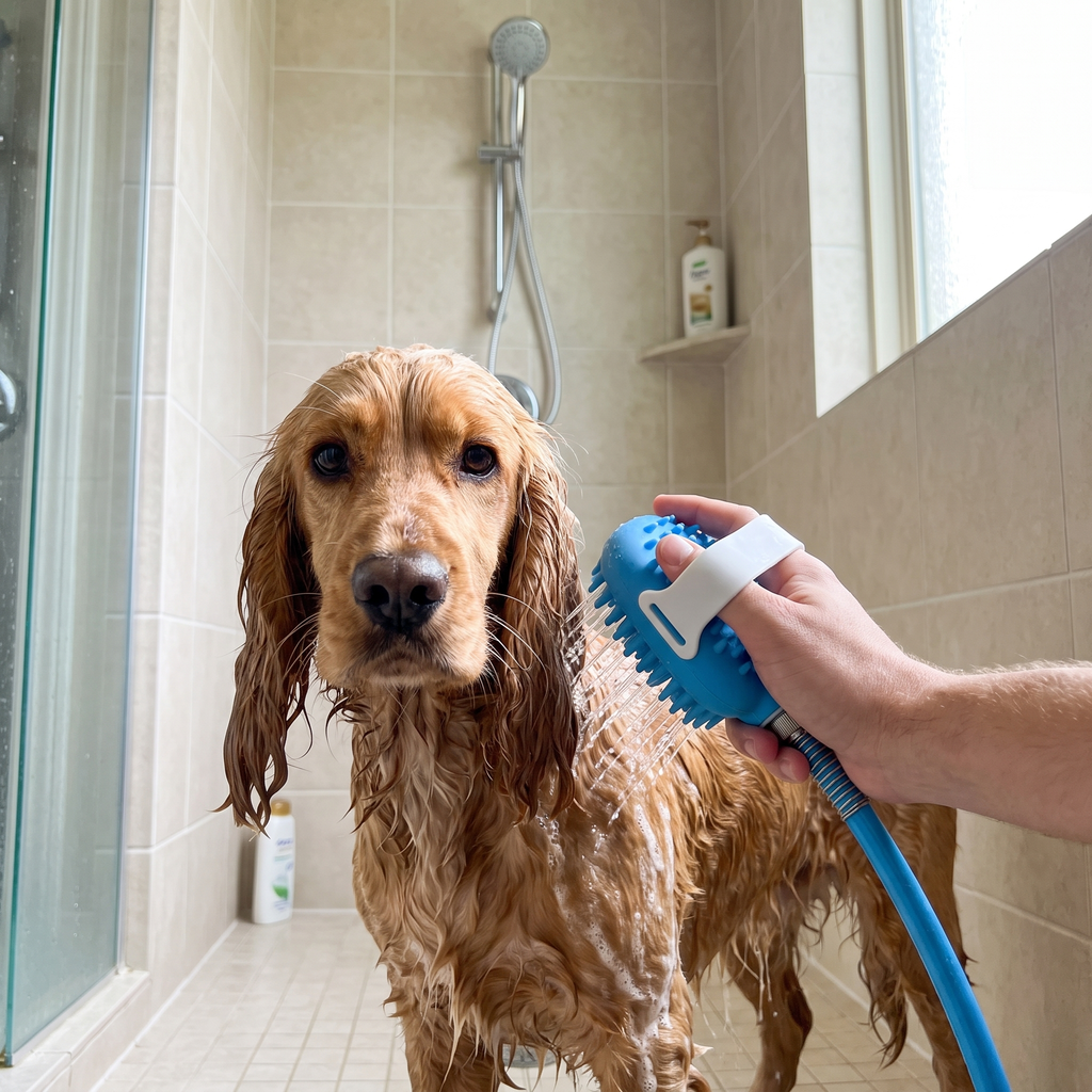 Cocker spaniel being washed with the pet bath shower brush in a walk in shower