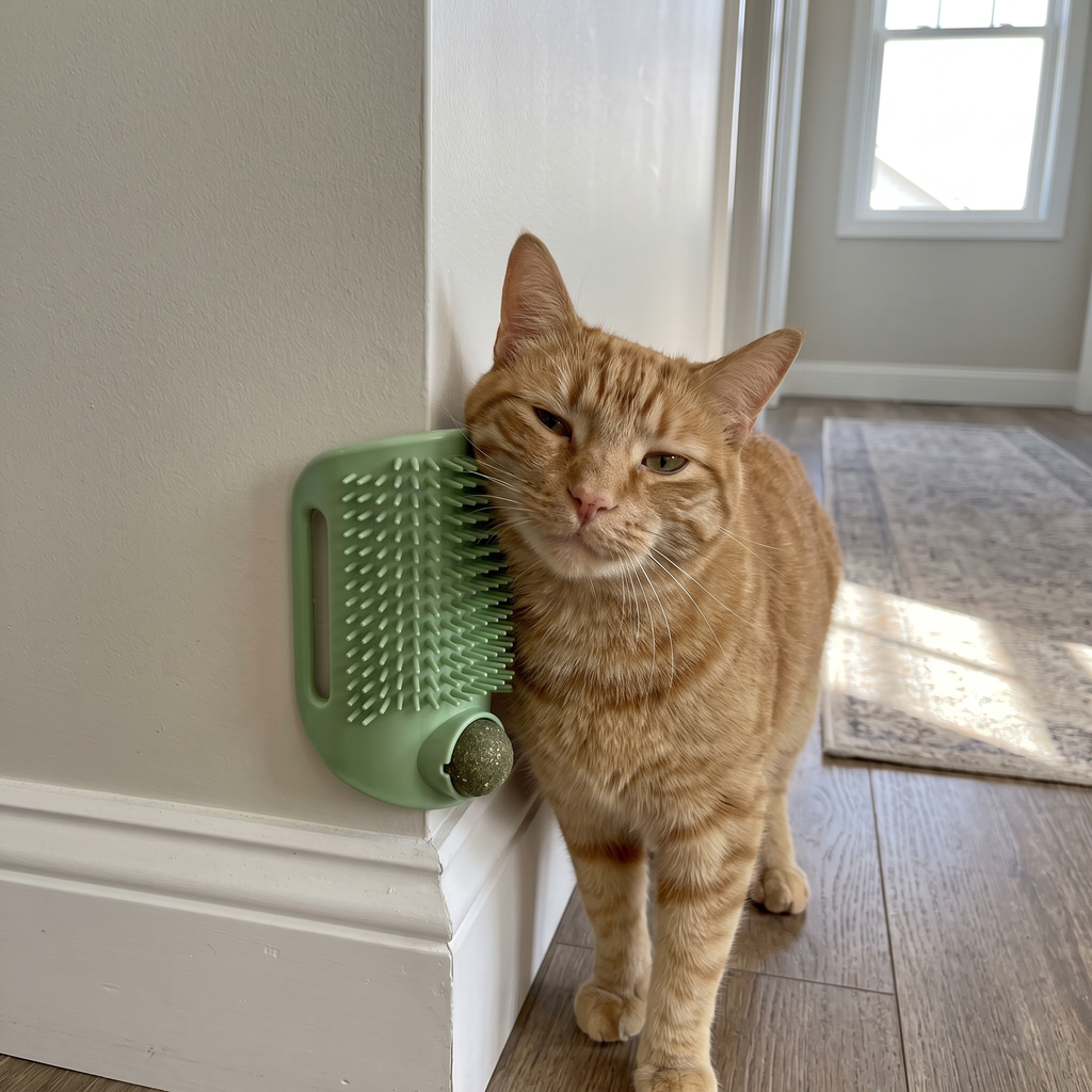 Ginger cat beside the wall corner cat self groomer brush in a hallway