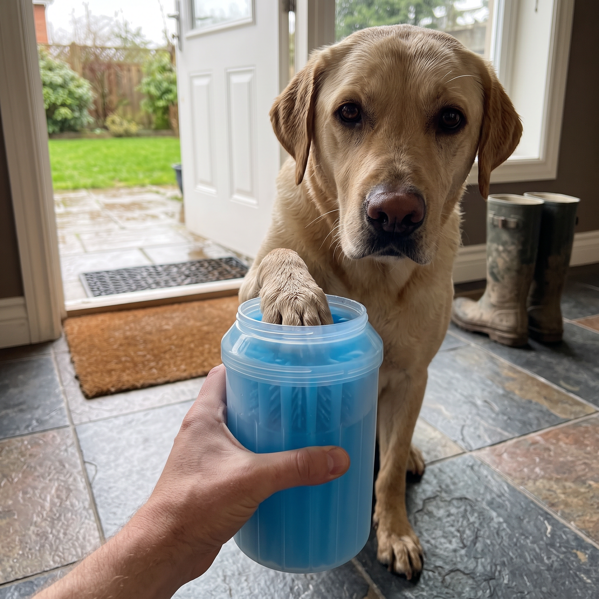 Labrador paw being washed in the silicone paw cleaner cup at the back door