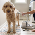 Labradoodle being groomed with the cordless grooming vacuum kit in a utility room