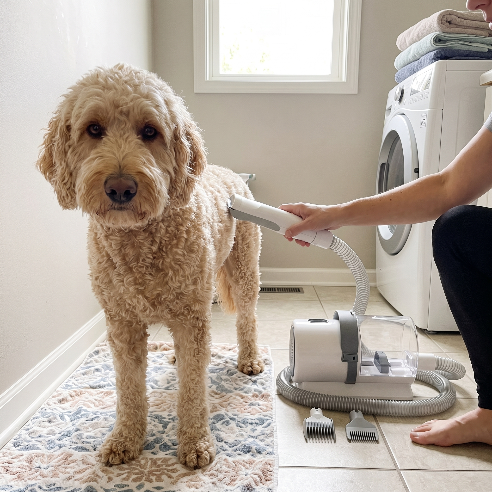 Labradoodle being groomed with the cordless grooming vacuum kit in a utility room