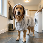 Dog wearing the microfiber pet bathrobe in a boot room