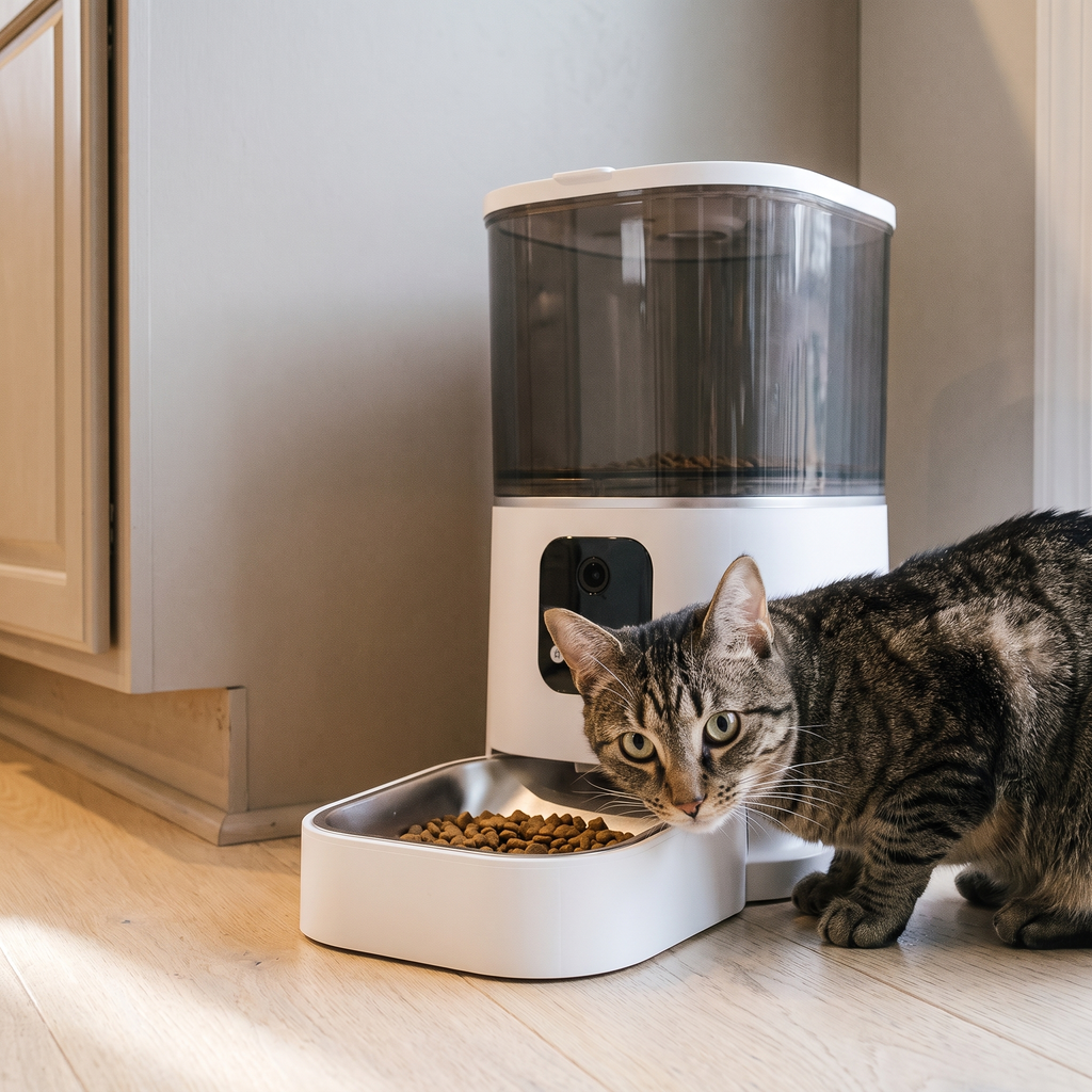 Tabby cat stands beside the smart WiFi automatic pet feeder's full bowl in a kitchen corner.