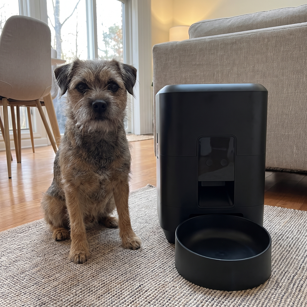 Terrier waiting beside the smart WiFi pet feeder in a lounge diner
