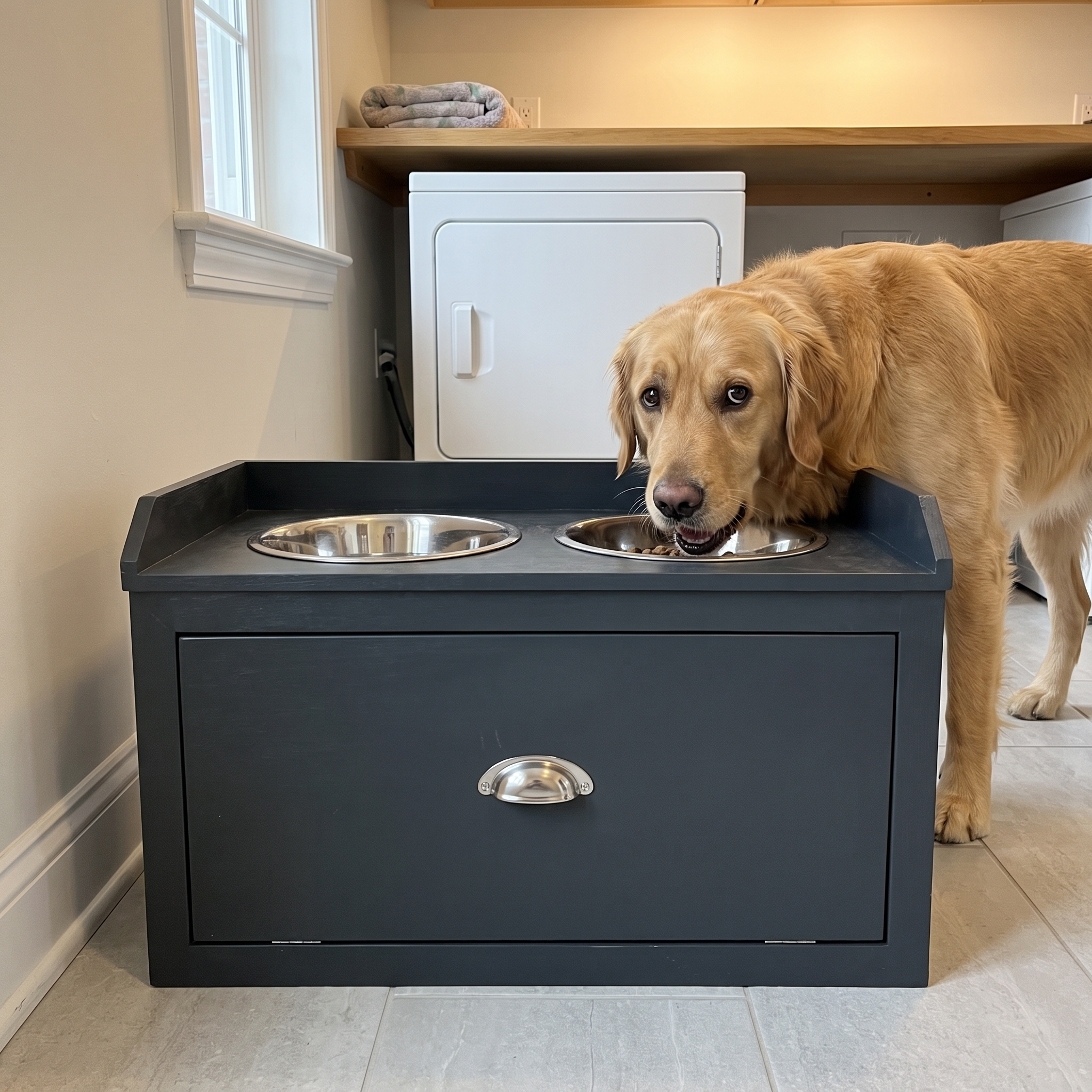 Large dog eating from the elevated feeding station in a utility room