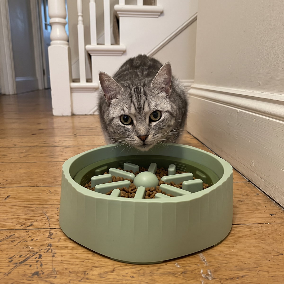 Gray tabby cat crouches behind the green cat slow feeder bowl on a hallway floor.