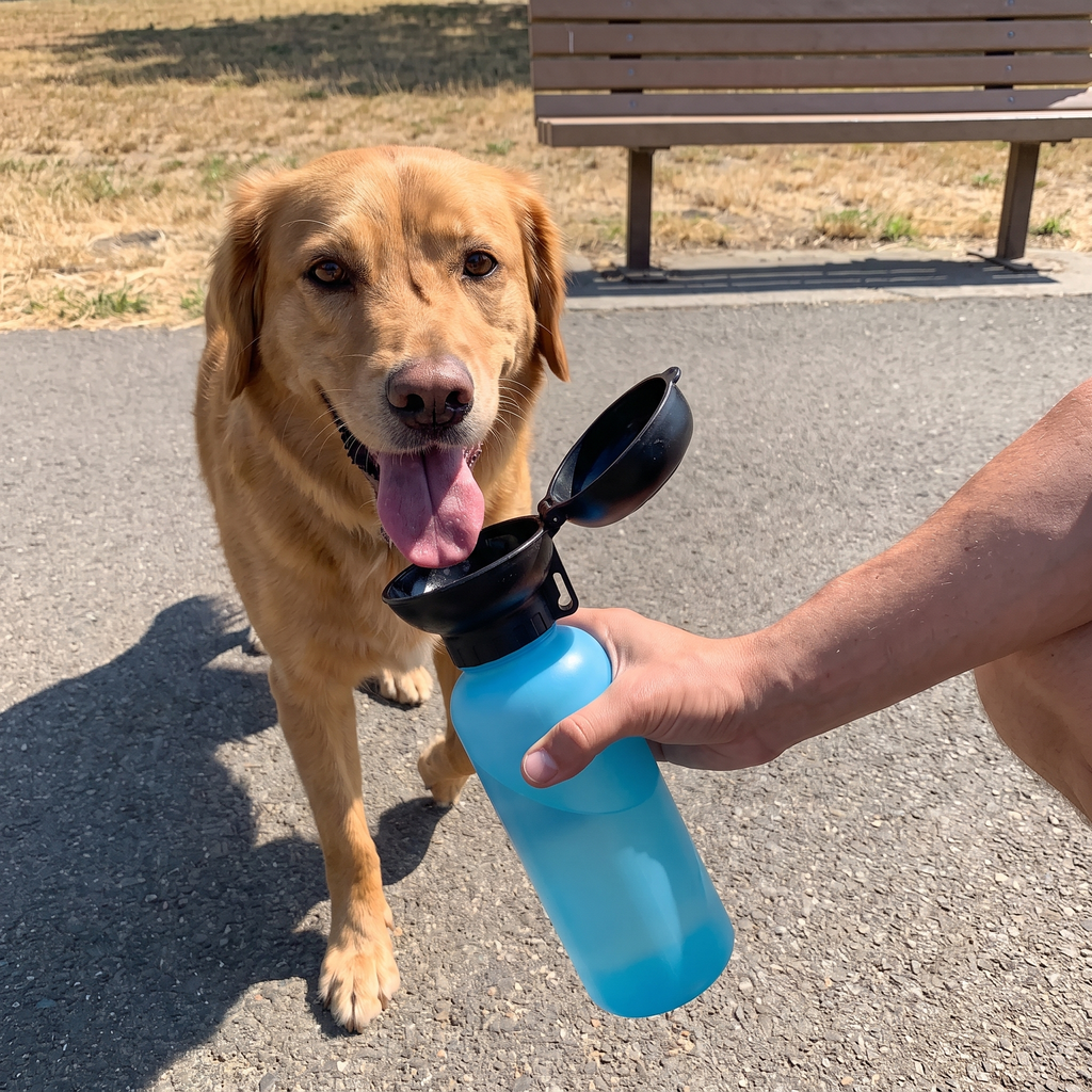 Panting retriever offered the portable pet water bottle on a park path