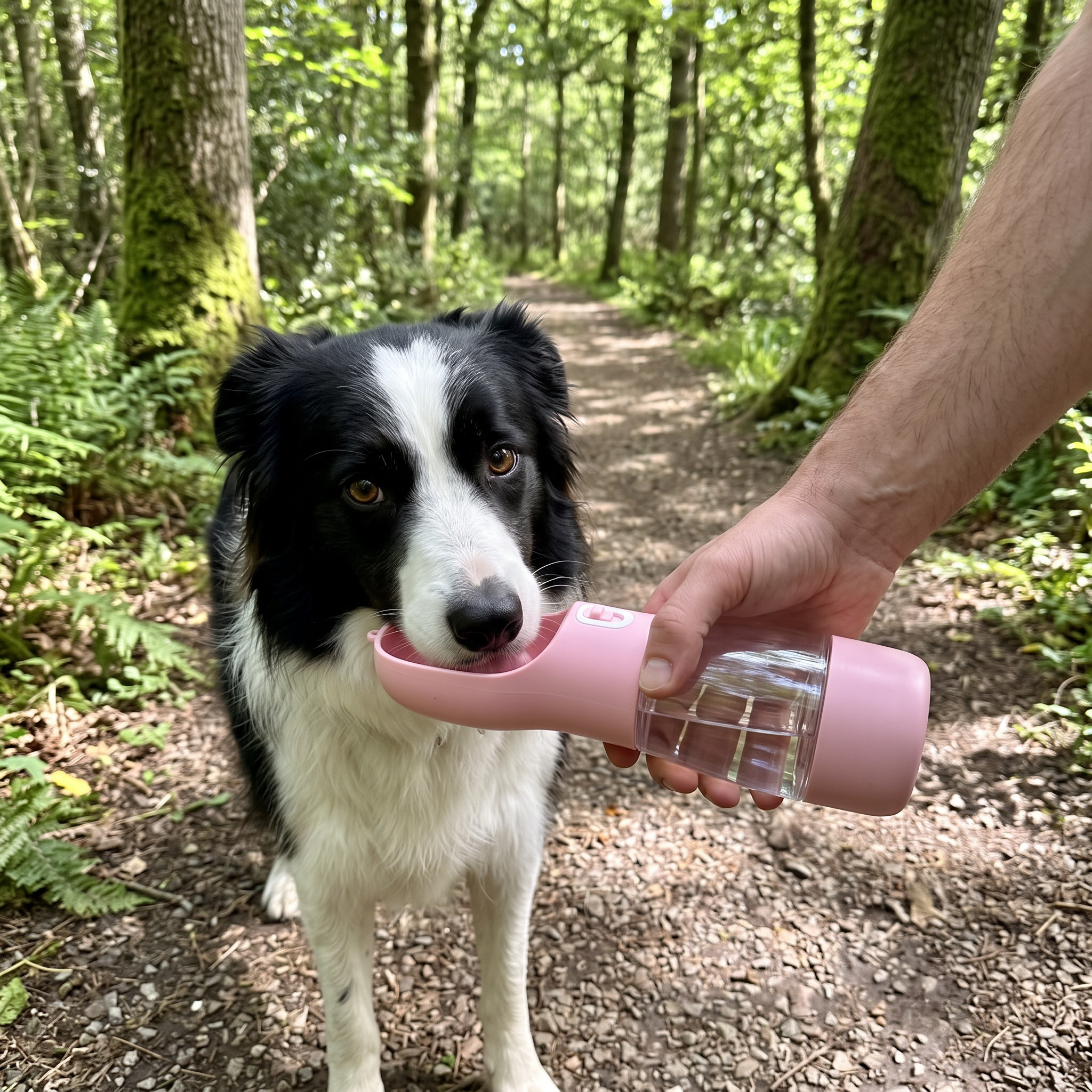 Border collie offered the portable pet travel water bottle on a woodland walk