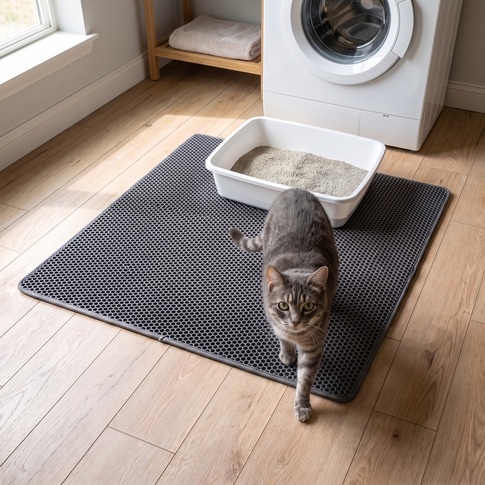 Cat stepping off the honeycomb waterproof litter mat in a utility room