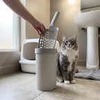Cat litter scoop lifted from its holder caddy beside a litter tray in a bathroom